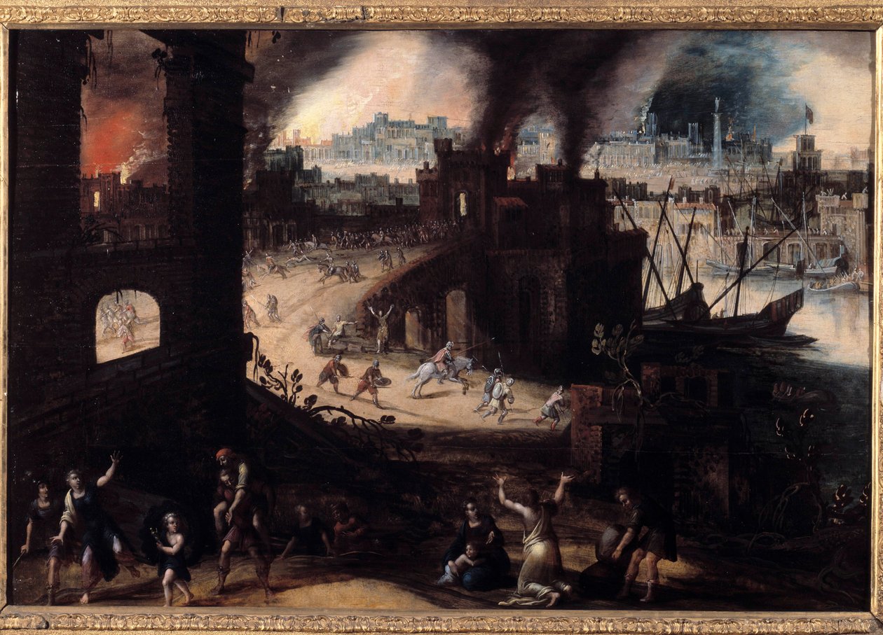 Zniszczenie Troi Obraz Pietera Schoubroecka (1570-1607) Besancon z XVII wieku. Muzeum Sztuk Pięknych autorstwa Pieter Schoubroeck