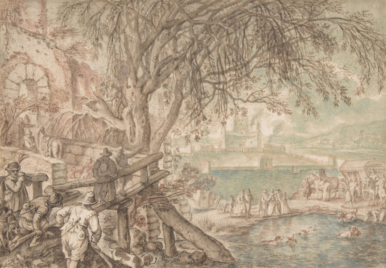 Huntsmen and Company obserwujący psy aportujące kaczki w stawie Miesiąc kwiecień, c1610-20. autorstwa Pieter Stevens