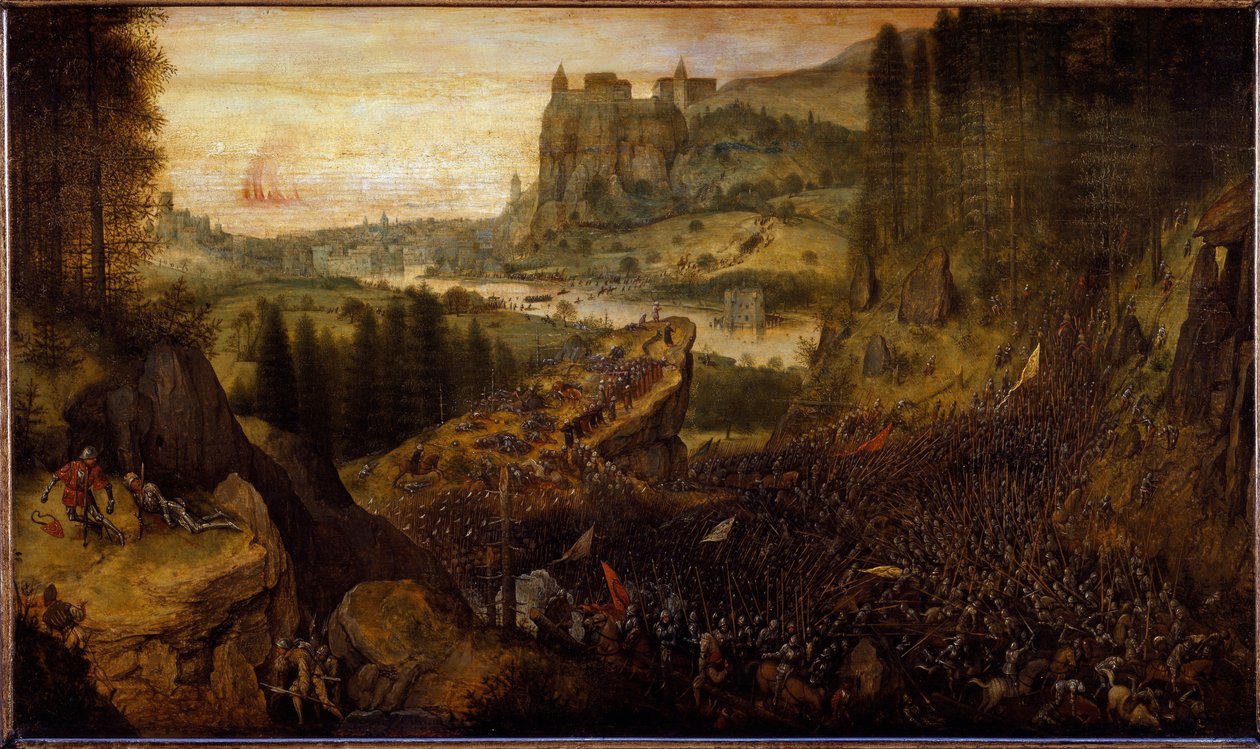 Bitwa Filistynów i Izraelitów: Saul i jego giermek zostają rzuceni na miecz. (obraz autorstwa Pieter Bruegel the Elder