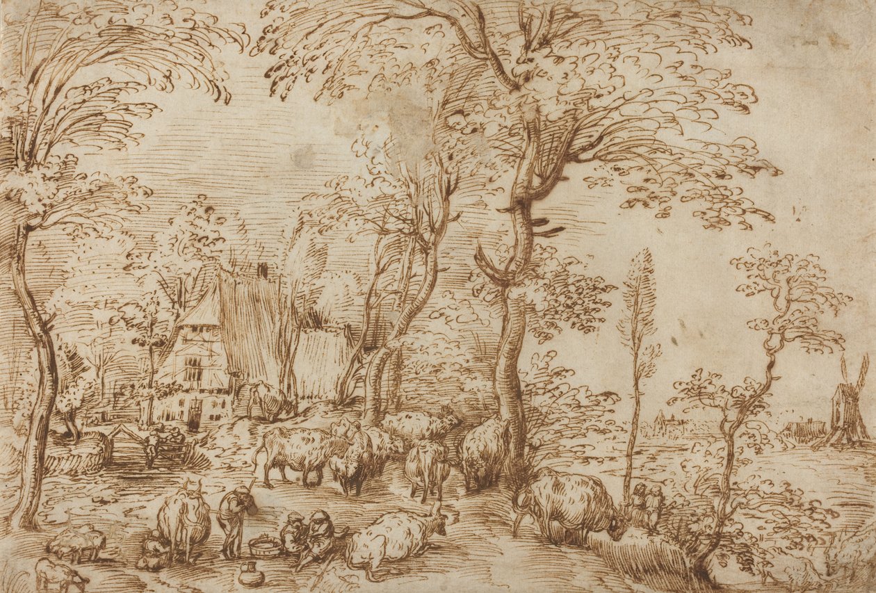 Chłopi i bydło w pobliżu domu na farmie, ok. 1553-54 (długopis i brązowy atrament na papierze) autorstwa Pieter Bruegel the Elder
