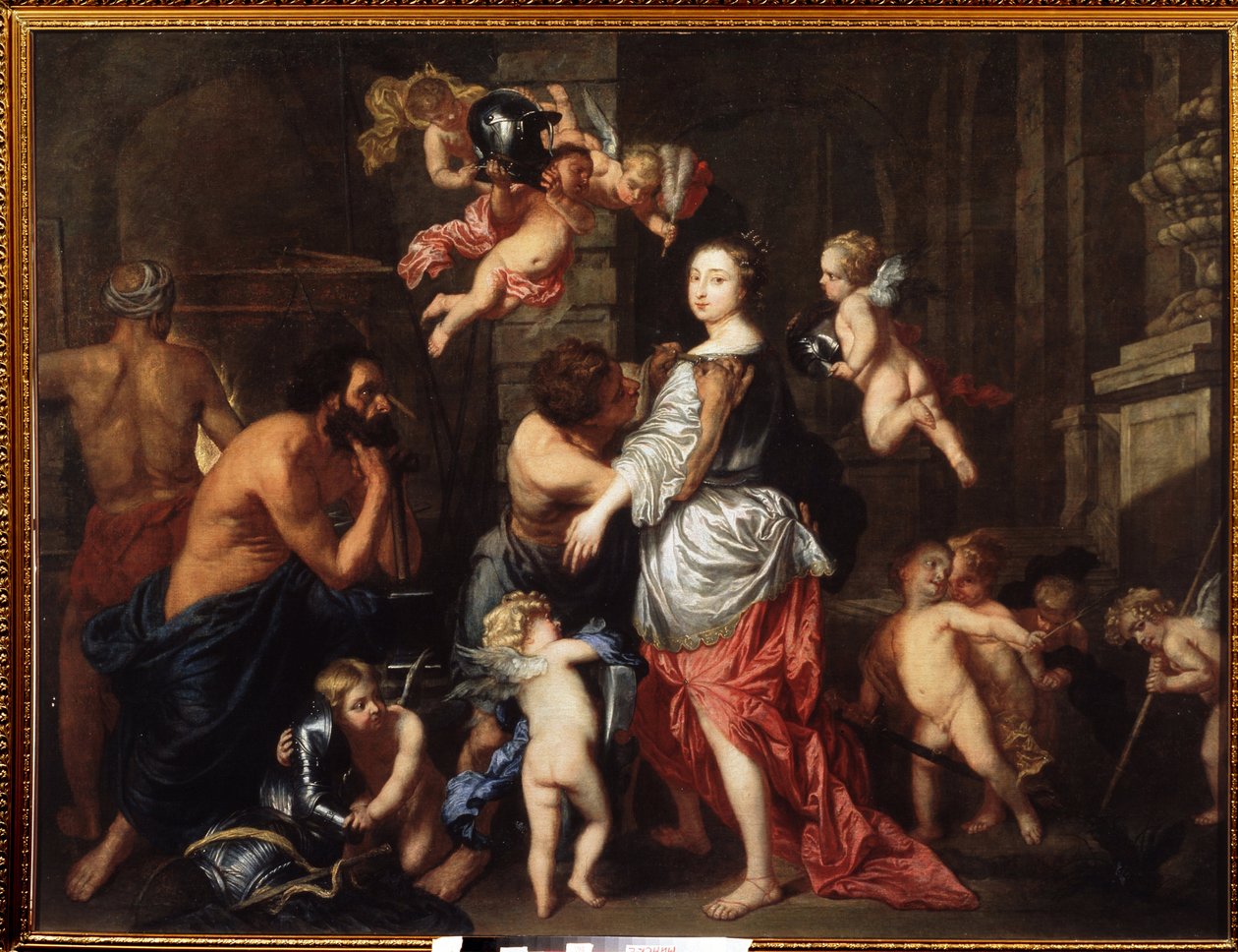 Wizyta Wenus (Afrodyty) na Wulkanie (Hefajstos) (Wizyta Wenus na Wulkanie). Obraz Pietera Thiesa (1624-1677 lub 1679). olej na płótnie autorstwa Pieter Thies
