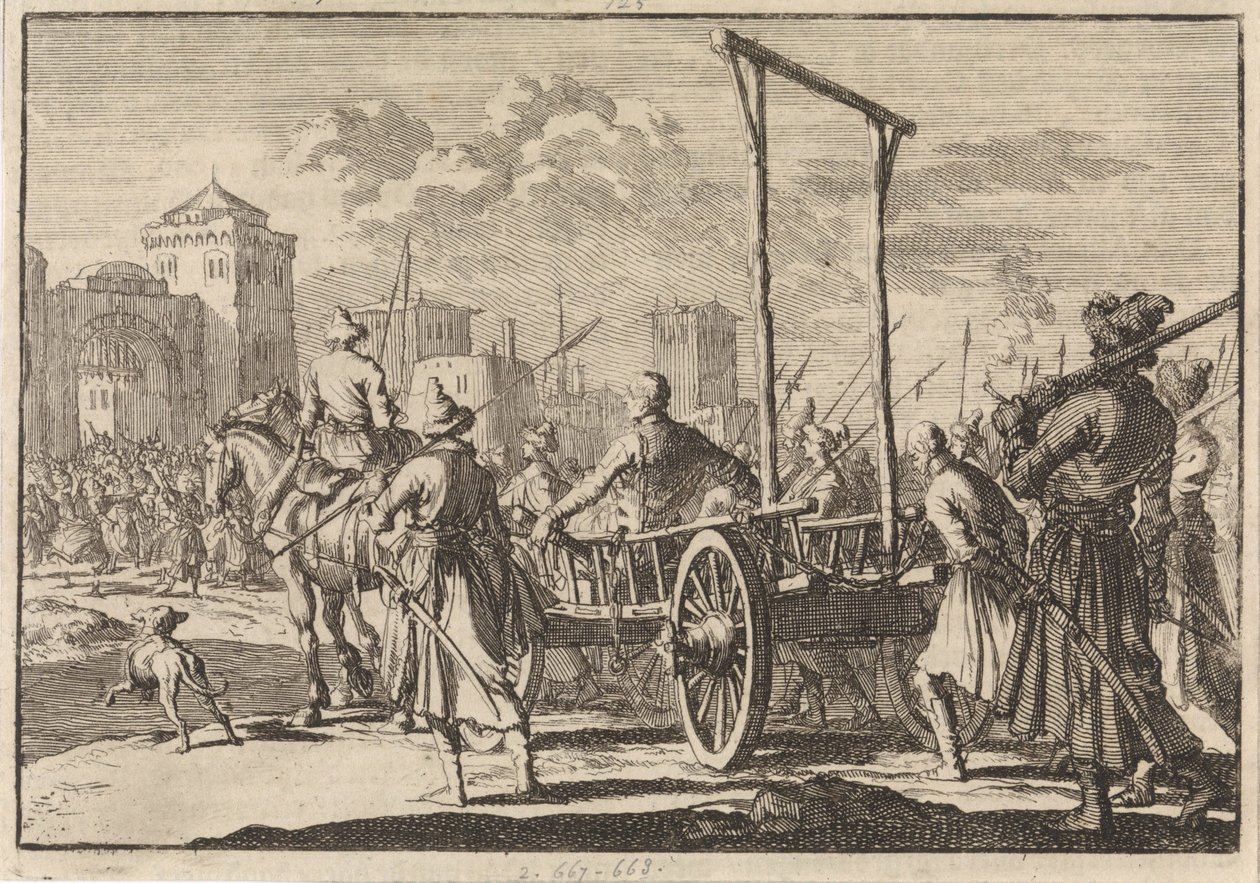Przybycie Stepana Razina i jego brata Frola w żelaznej klatce w Moskwie, 1671, 1698 autorstwa Pieter Van der Aa