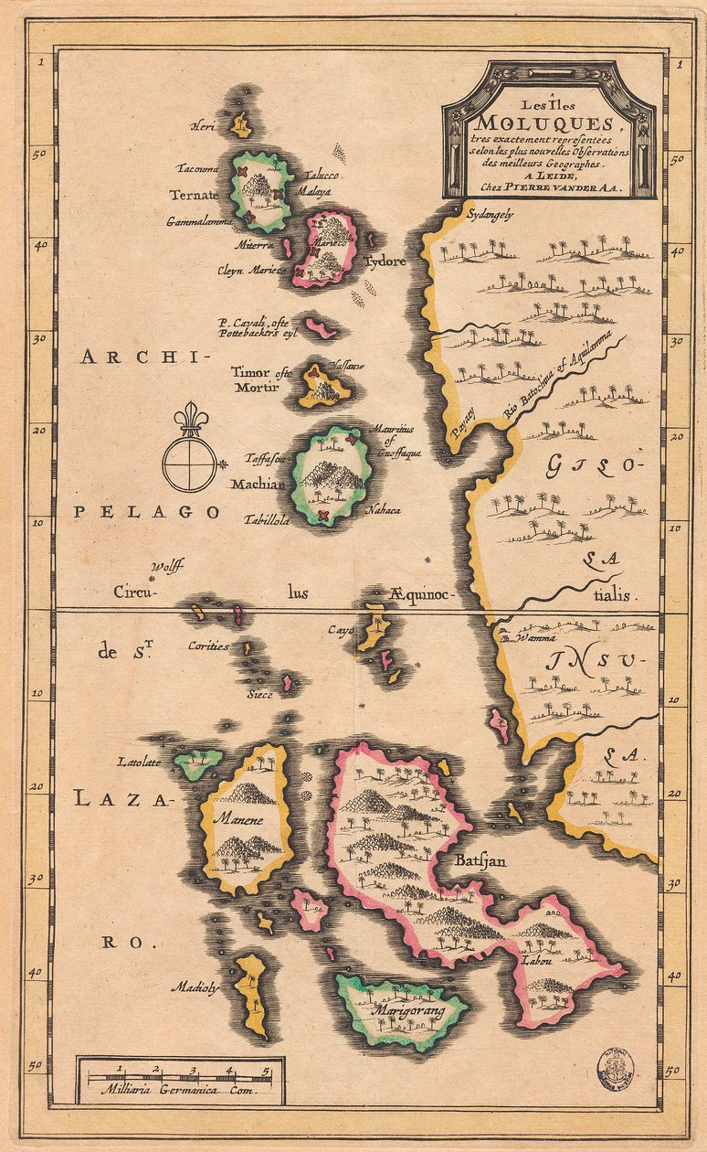 Mapa Moluków (współczesna Indonezja), ok. 1707 r. (kolorowa rycina) autorstwa Pieter Van der Aa