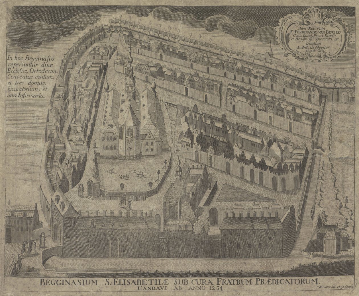 Gezicht op het Sint-Elisabethbegijnhof en de Sint-Elisabethkerk te Gent Begginasium św. Elżbiety pod opieką Kaznodziejów Gandawy z 1234 r. (tytuł na obiekcie) autorstwa Pieter Wauters