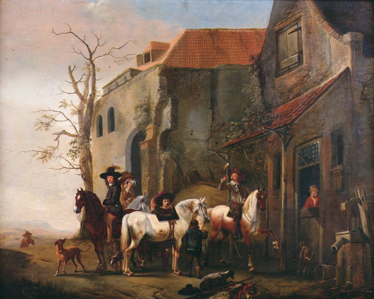 Jeźdźcy i konie u drzwi karczmy autorstwa Pieter Wouwermans or Wouwerman