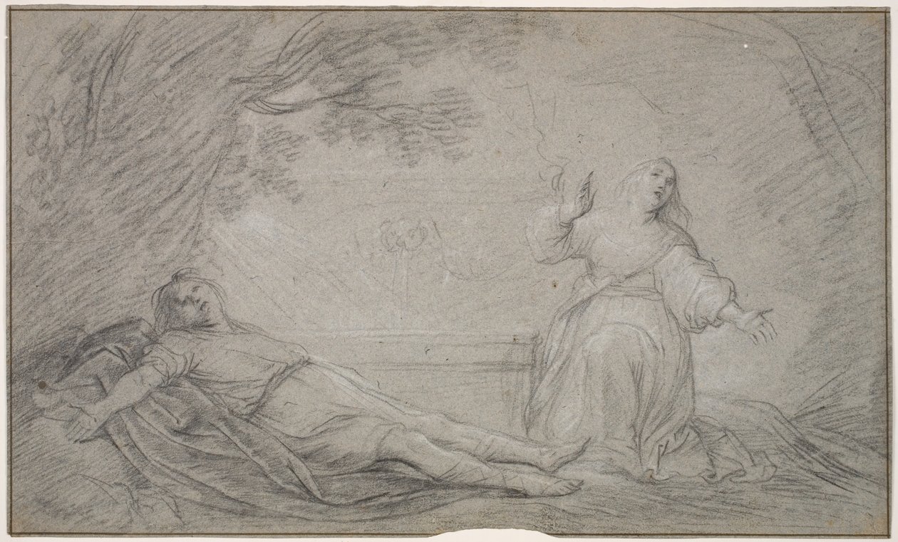 duński: mitologiczna scena przedstawiająca kobietę opłakującą śmierć młodego mężczyzny autorstwa Pieter de Grebber