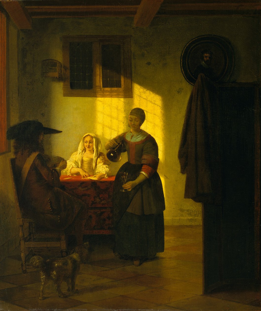 Para do gry w karty z usługującą kobietą, ca. 1665-75. autorstwa Pieter de Hooch