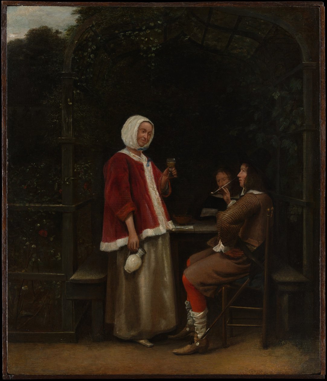 Kobieta i dwóch mężczyzn w altanie autorstwa Pieter de Hooch