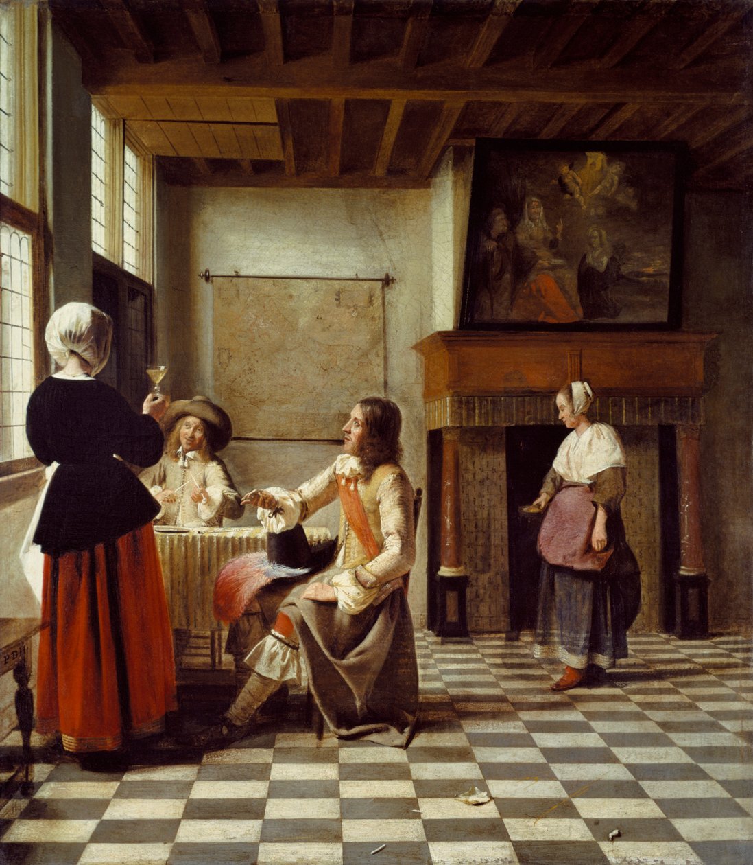 Wnętrze, z kobietą pijącą z dwoma mężczyznami i służącą autorstwa Pieter de Hooch