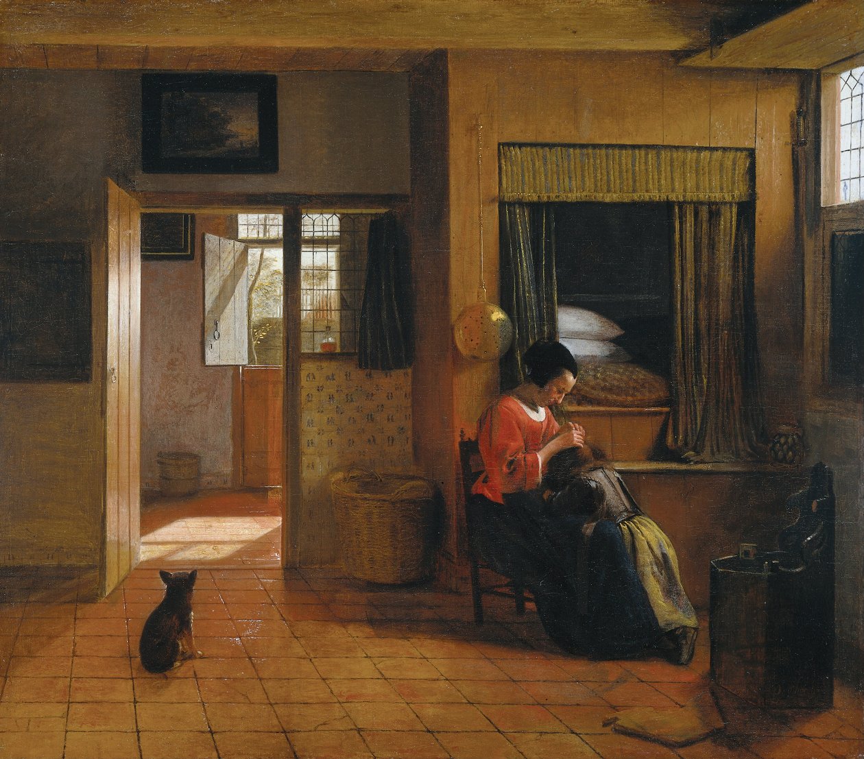 Pokój wewnętrzny z matką czyszczącą włosy dziecka, znany jako „Praca Matki” autorstwa Pieter de Hooch