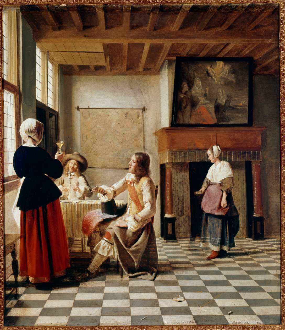 Holenderski Wnętrze. Kobieta pije z dwoma usłużnymi mężczyznami (olej na płótnie, ok. 1658 r.) autorstwa Pieter de Hooch