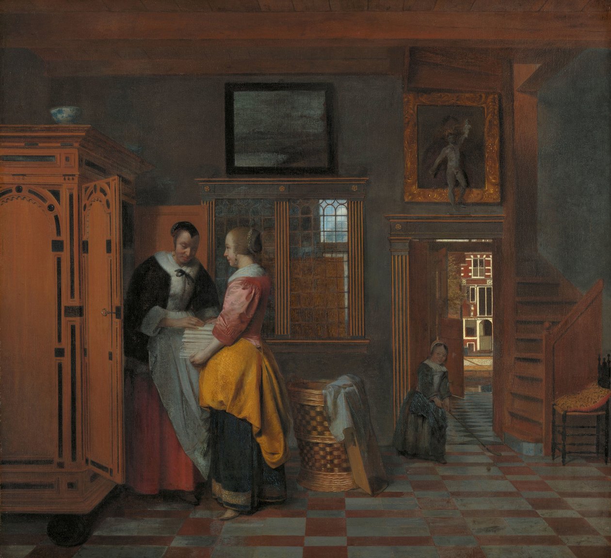 Wnętrze z kobietami obok lnianej szafki Wnętrze z kobietami obok lnianej skrzyni autorstwa Pieter de Hooch