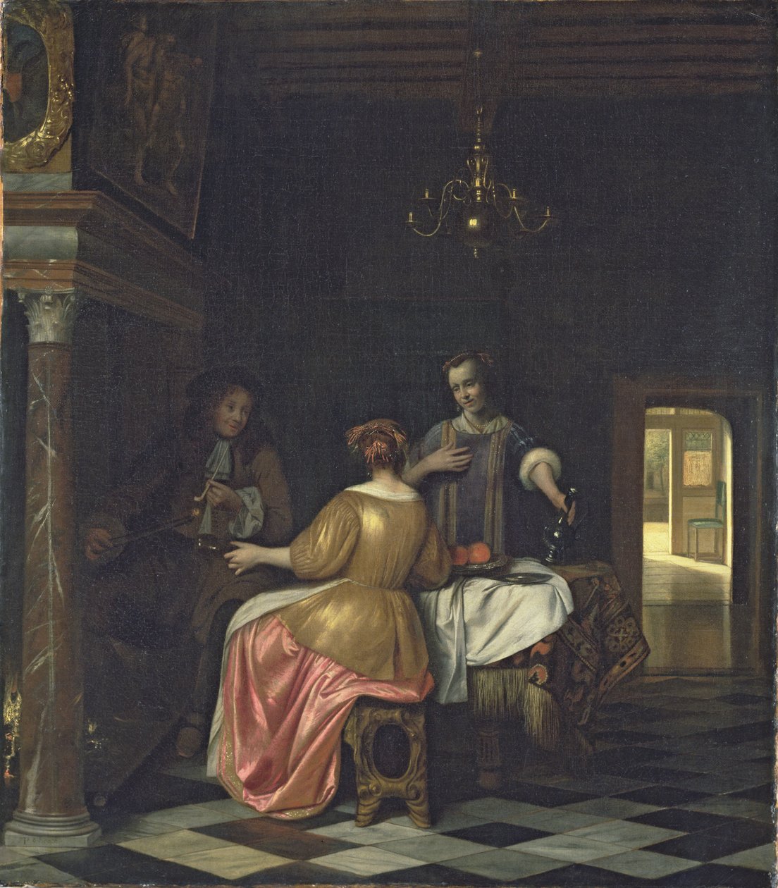 Wnętrze z rozmawiającym panem i dwiema damami, ok. 1668-70 (olej na płótnie) autorstwa Pieter de Hooch