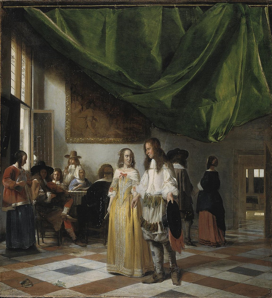Wnętrze z młodą parą i ludźmi tworzącymi muzykę autorstwa Pieter de Hooch