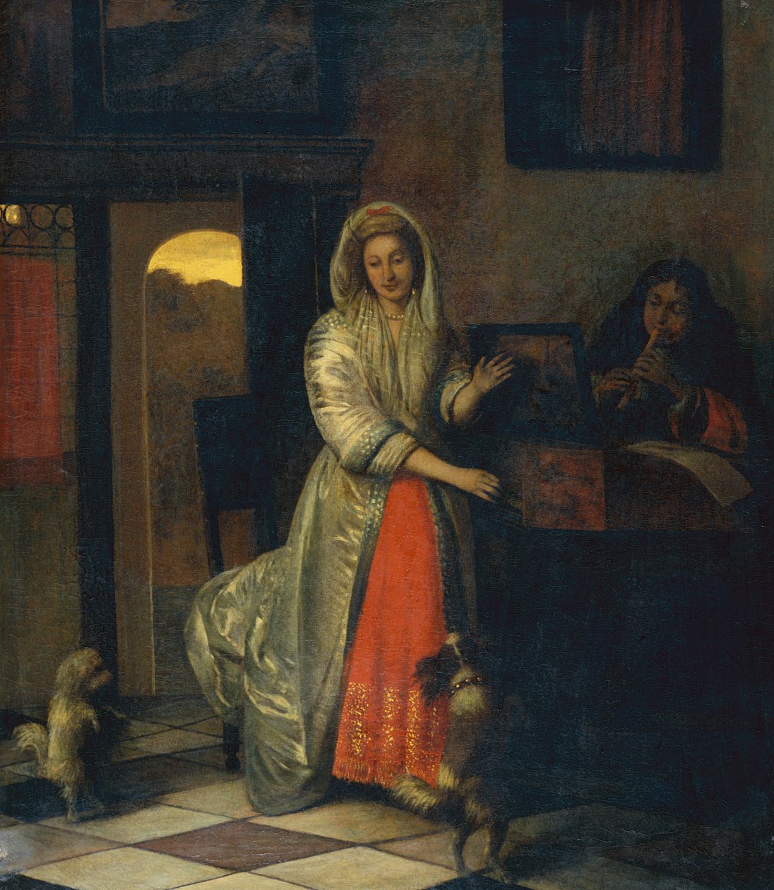 Dama i dżentelmen tworzący muzykę z tańczącymi psami autorstwa Pieter de Hooch