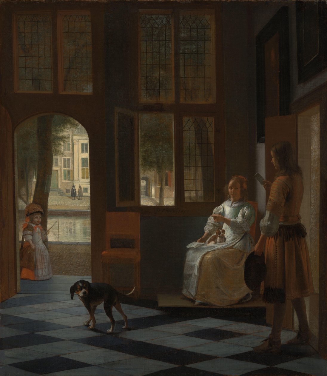 Mężczyzna wręczający kobiecie list w holu wejściowym domu autorstwa Pieter de Hooch