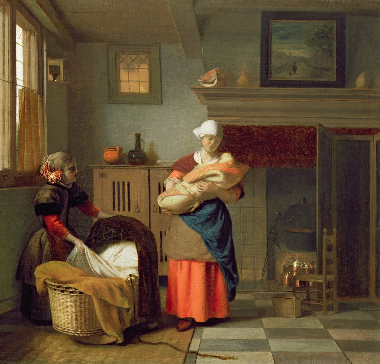 Pielęgniarka z dzieckiem we wnętrzu i młodą dziewczyną przygotowującą kołyskę autorstwa Pieter de Hooch
