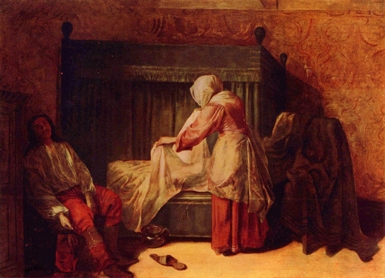 Żołnierz wciągający but i kobieta ścieląca łóżko autorstwa Pieter de Hooch