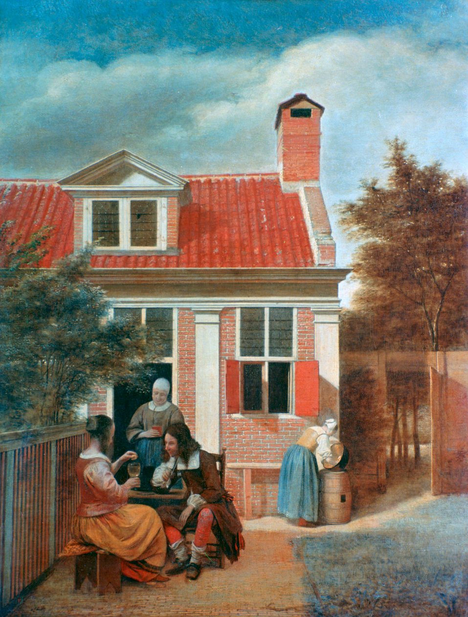 Trzy kobiety i mężczyzna na dziedzińcu za domem, c1657-1659 autorstwa Pieter de Hooch