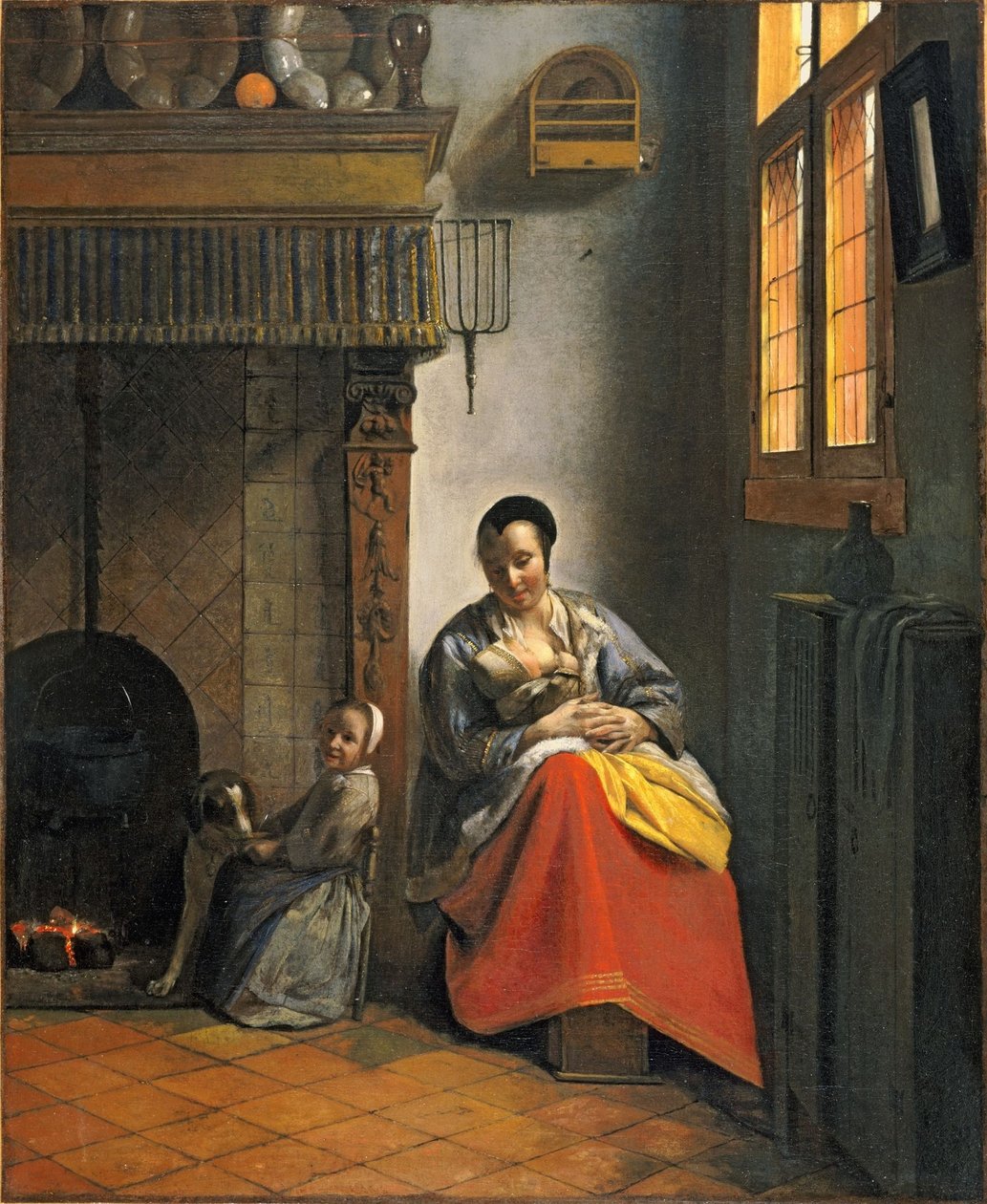 Kobieta karmiąca niemowlę, z dzieckiem i psem autorstwa Pieter de Hooch