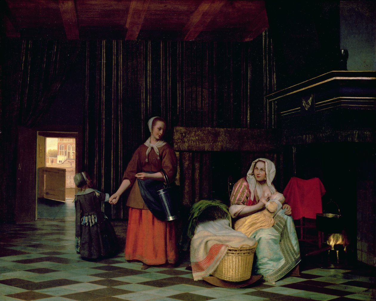 Kobieta z niemowlęciem, służąca pokojówka z dzieckiem autorstwa Pieter de Hooch