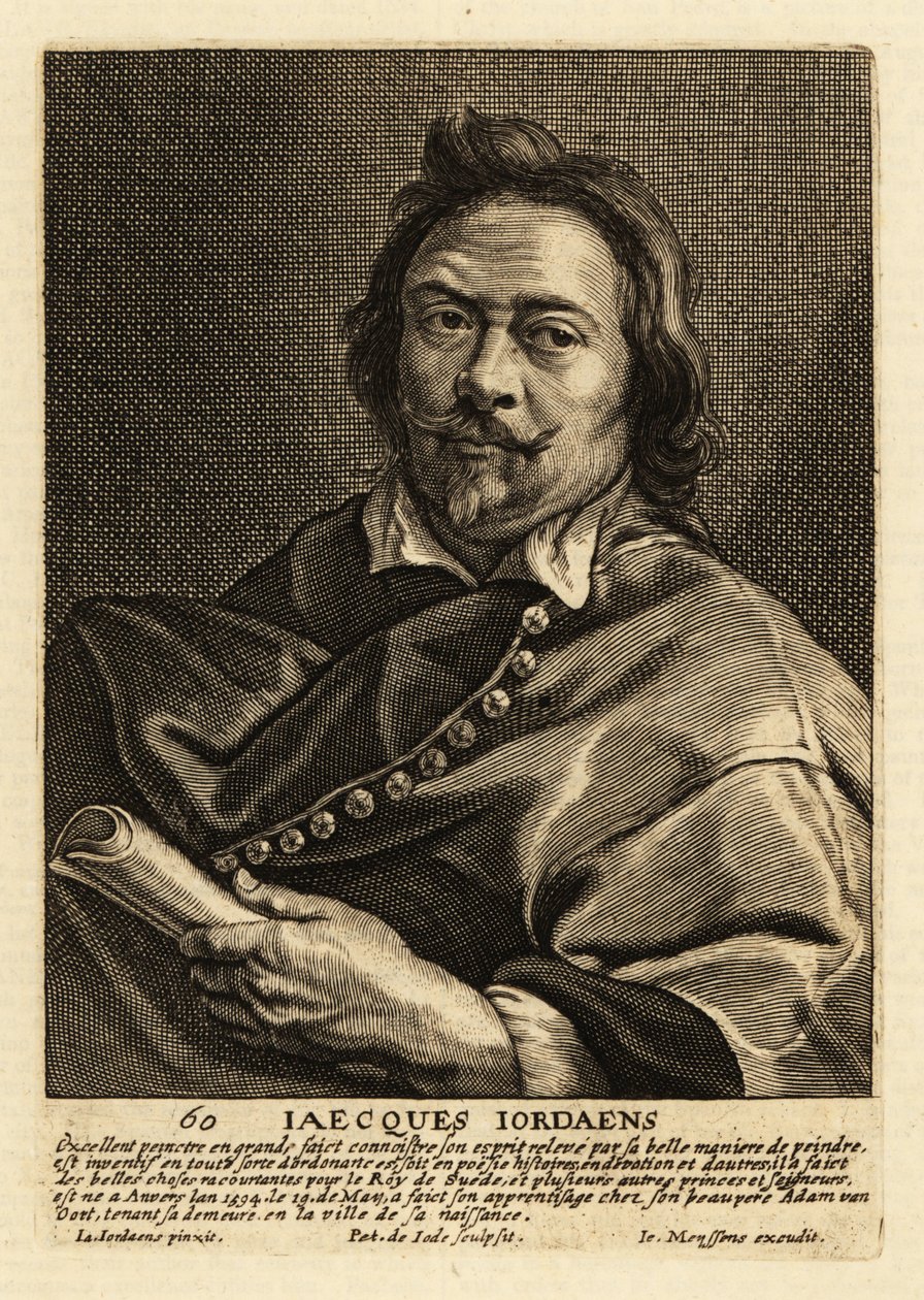 Portret Jacquesa Jordaensa, flamandzkiego malarza, rysownika i projektanta gobelinów, znanego z obrazów historycznych, scen rodzajowych i portretów autorstwa Pieter de II Jode