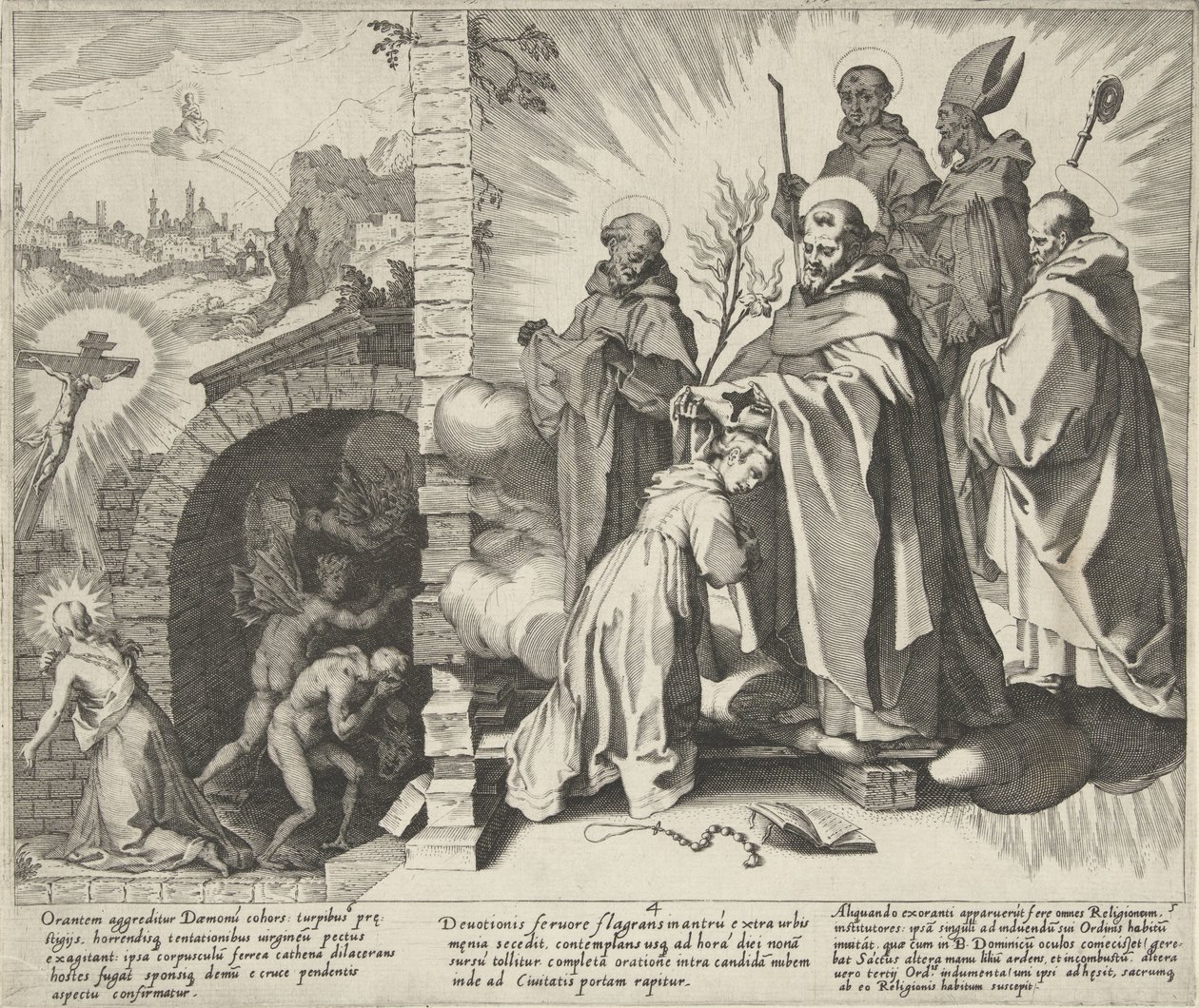 Catharina biddend / Visioen van Catharina / Catharina wordt Dominikany Scenes uit het leven en wonderen van de Heilige Catharina van Siena (tytuł serii) Życie, śmierć i wybrane cuda B. Katarzyny Starszej (...) (tytuł serii) autorstwa Pieter de Jode (I)