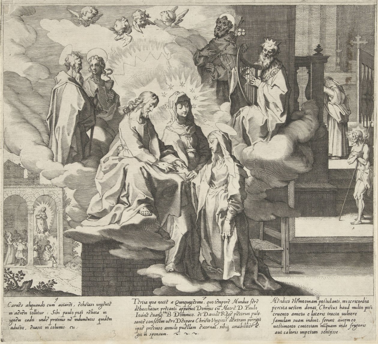 Pojawia się Katarzyna / Ślub Katarzyny / Katarzyna dzieli swój płaszcz Sceny z życia i cudów św. Katarzyny ze Sieny (tytuł serii) Vita mors gesta, et miracula quaedam selecta B. CATHERINAE SENENSIS (...) (tytuł serii) autorstwa Pieter de Jode (I)