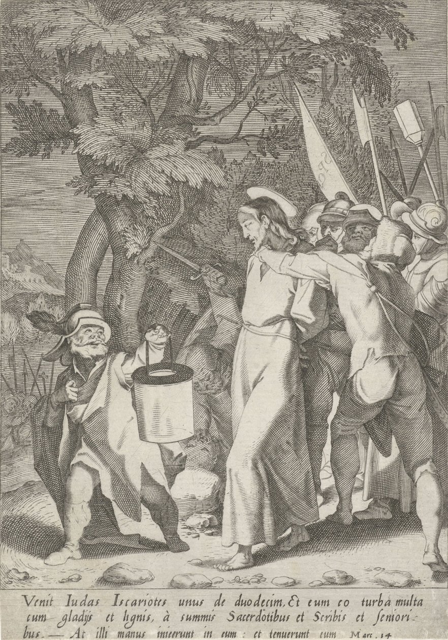 Gevangenneming van Christus Passie van Christus (tytuł serii) Pasja i Zmartwychwstanie (tytuł serii) autorstwa Pieter de Jode (I)