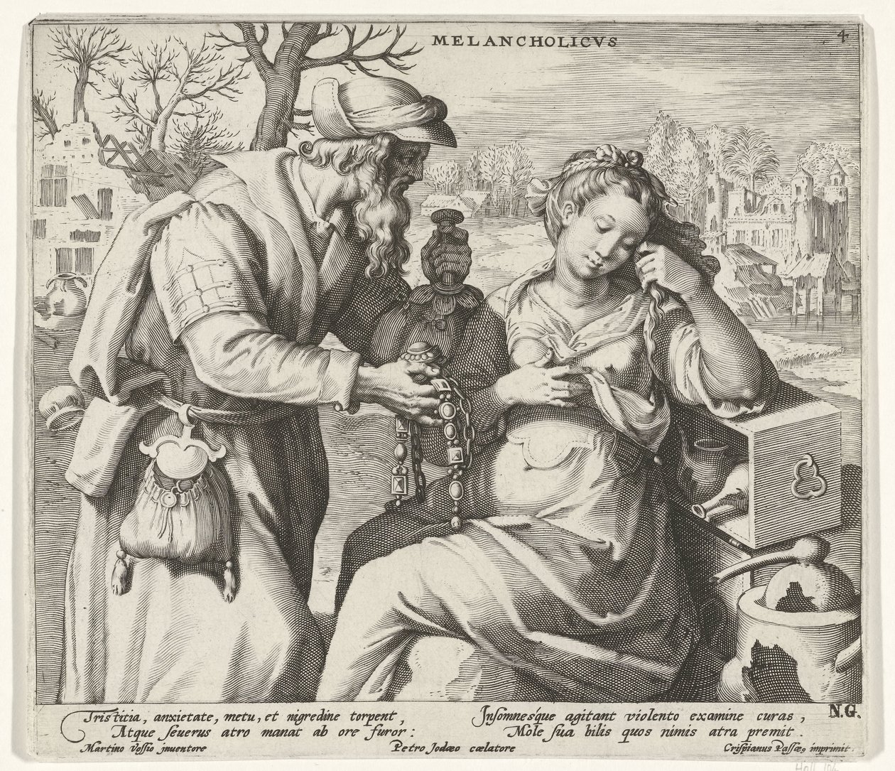 Temperament melancholijny Melancholikowie (tytuł na obiekcie) Cztery temperamenty (tytuł serii) autorstwa Pieter de Jode (I)