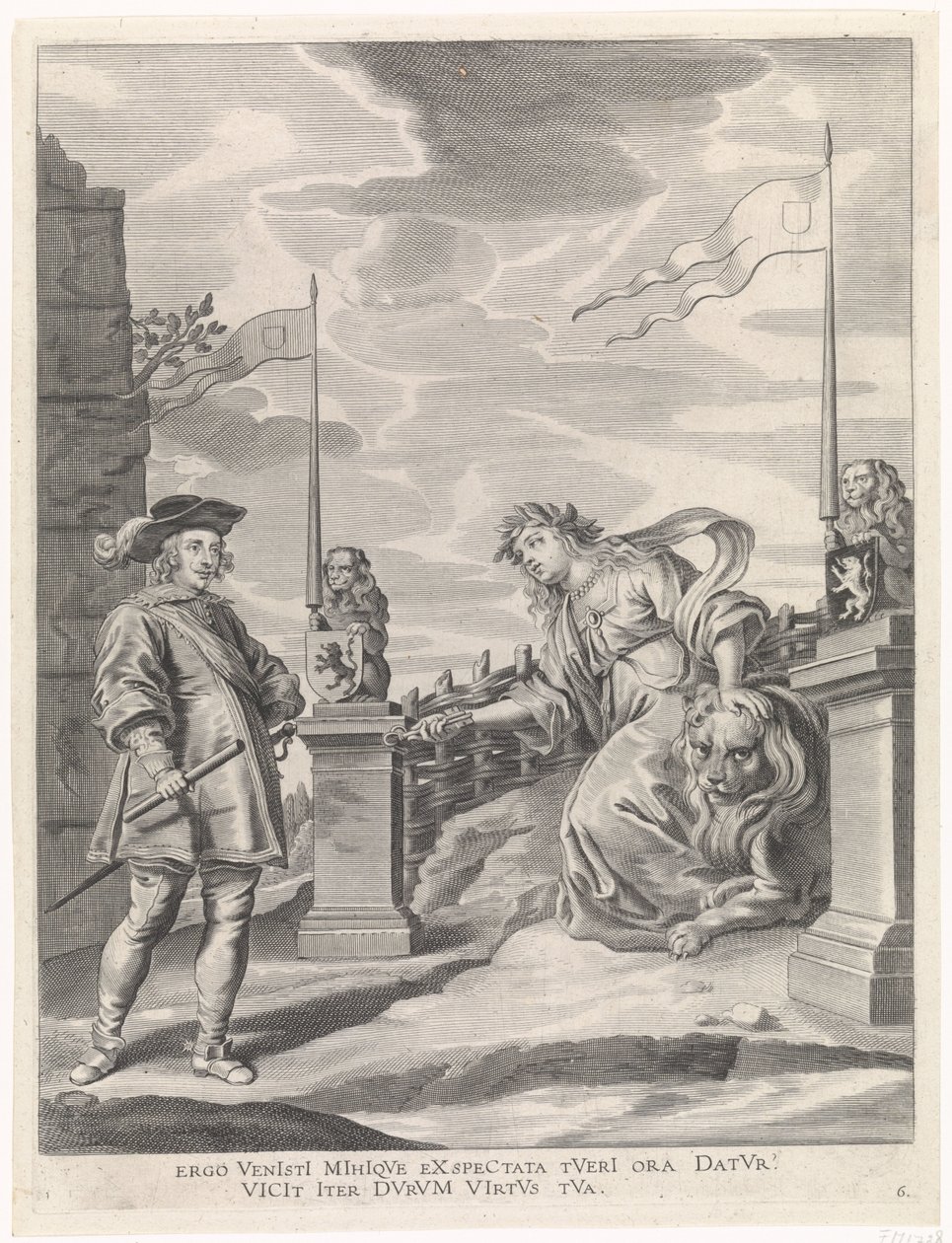 Ferdynand otrzymuje klucze do miasta od dziewicy miasta Gandawy Radosny wjazd Kardynała Dzieciątka w Gandawie, 1635 (tytuł serii) autorstwa Pieter de Jode (II)