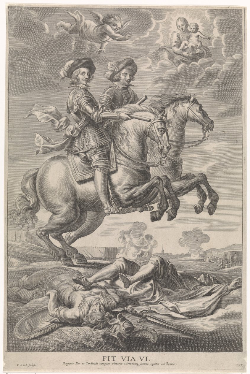 Ferdynand Austrii z Ferdynandem, królem Czech i Węgier, na koniu podczas zwycięstwa pod Nördlingen Radosny wjazd Kardynała Dzieciątka w Gandawie, 1635 (tytuł serii) autorstwa Pieter de Jode (II)