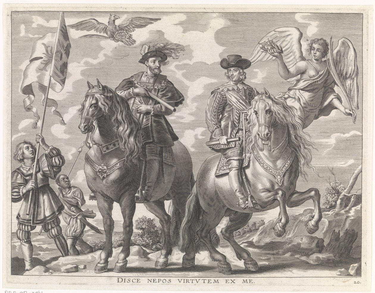 Karol V i Ferdynand na koniu Radosny wjazd Kardynała Dzieciątka w Gandawie, 1635 (tytuł serii) autorstwa Pieter de Jode (II)