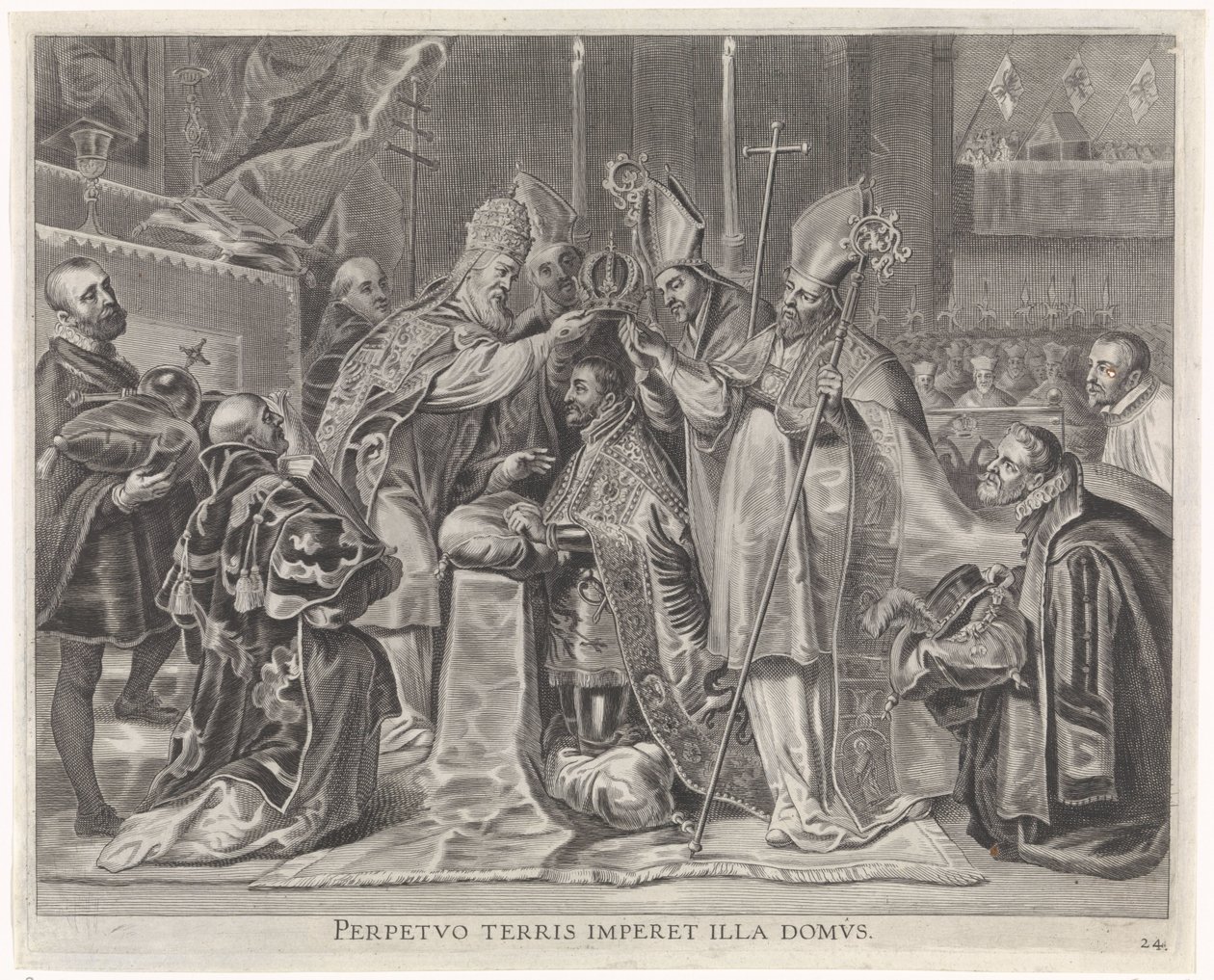 Karol V koronowany na cesarza przez papieża Radosny wjazd Kardynała Dzieciątka w Gandawie, 1635 (tytuł serii) autorstwa Pieter de Jode (II)