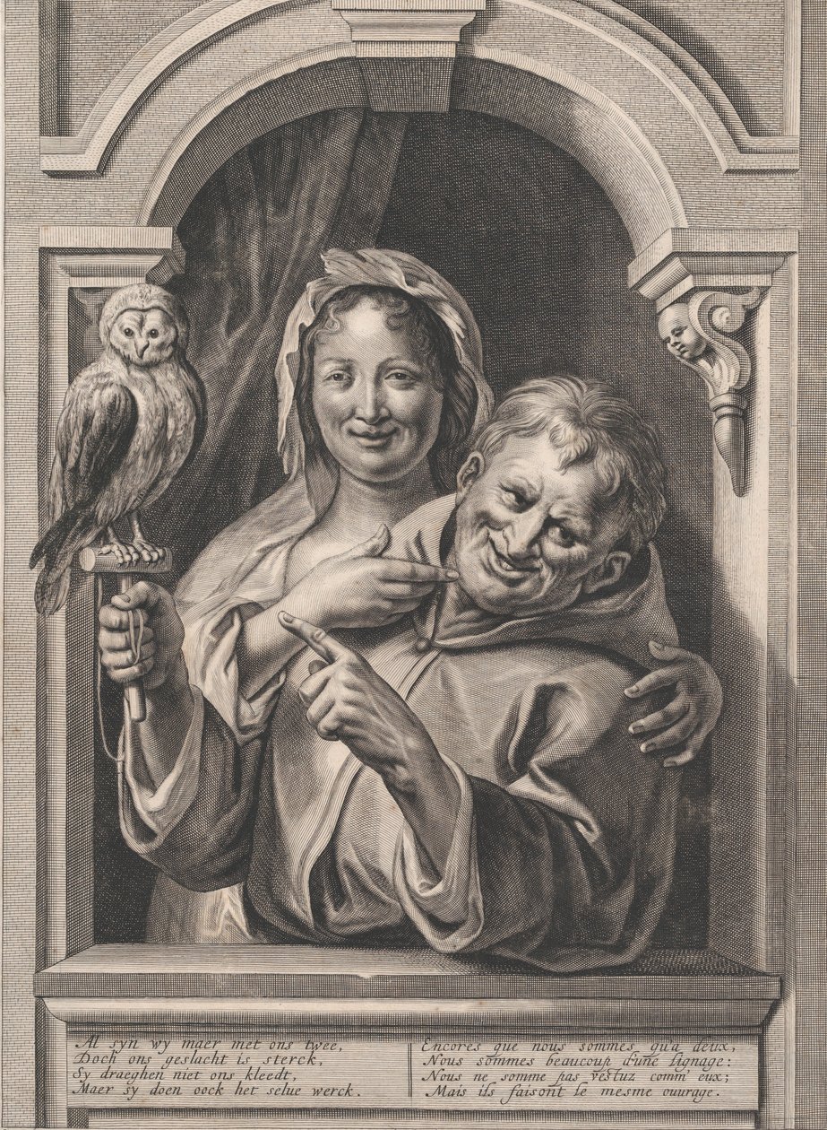 Błazen z sową i kobietą przy oknie, XVII w. autorstwa Pieter de Jode II