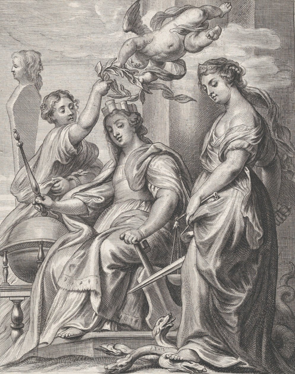 Alegoria Dobrego Rządu, usadowiona w centrum i zwieńczona putto i wo..., ca. 1640-74. autorstwa Pieter de Jode II