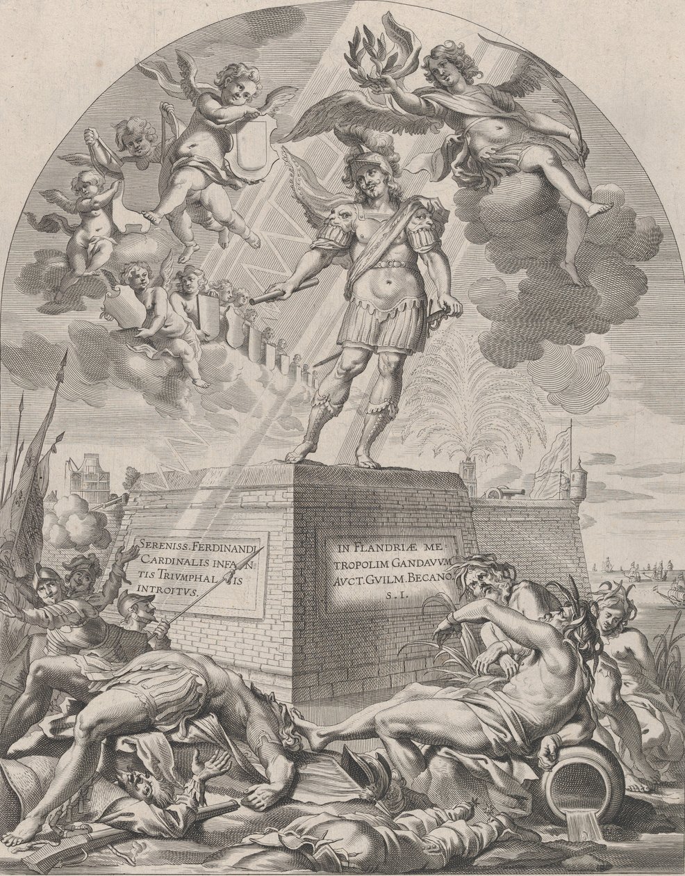 Ilustracja 1: Ferdynand jako Mars, stojący na piedestale, z „Serenissim...” Williama Becanusa, 1636. autorstwa Pieter de Jode II