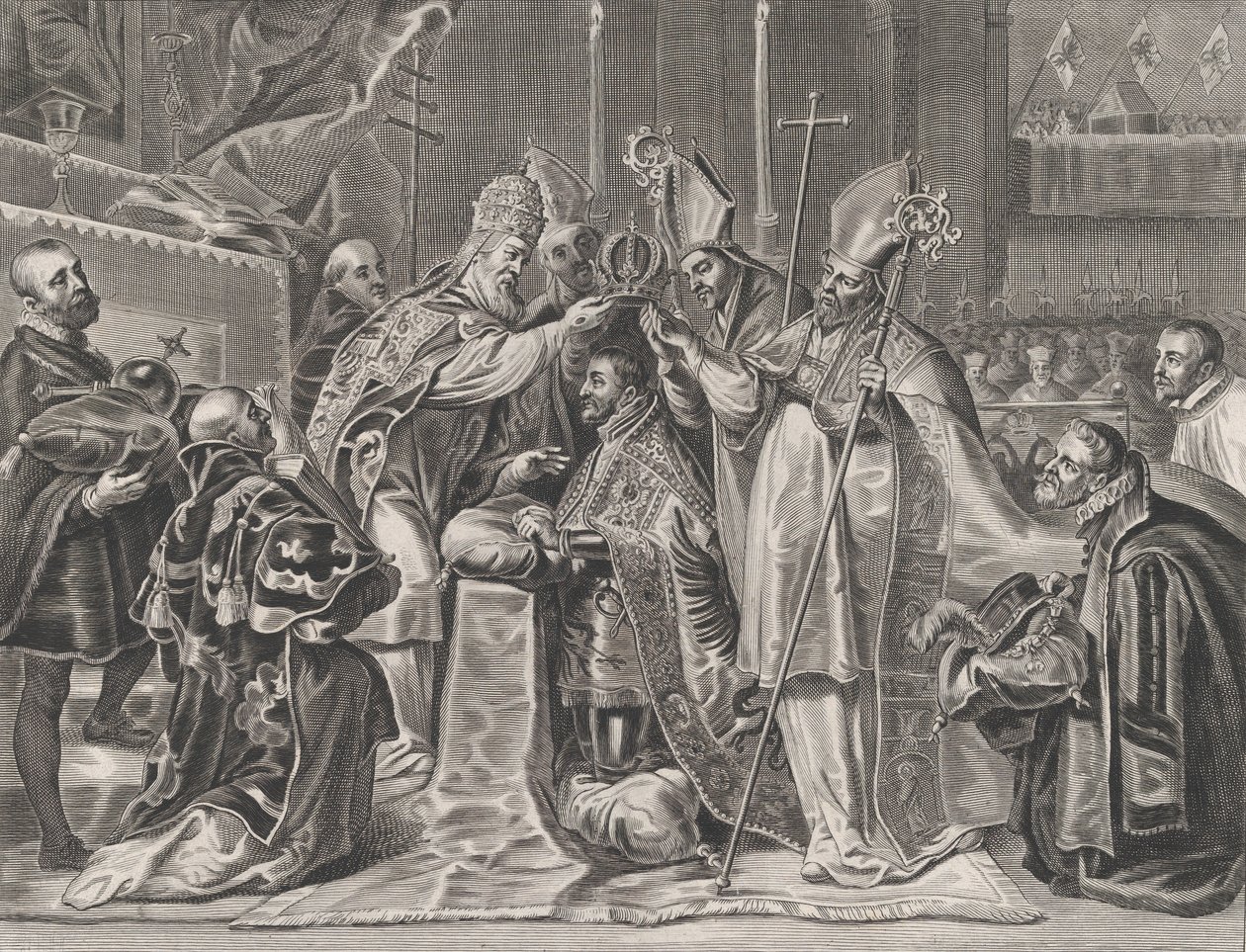 Ilustracja 24: Karol V koronowany na cesarza przez papieża, z „Serenissimi P...” Williama Becanusa, 1636. autorstwa Pieter de Jode II