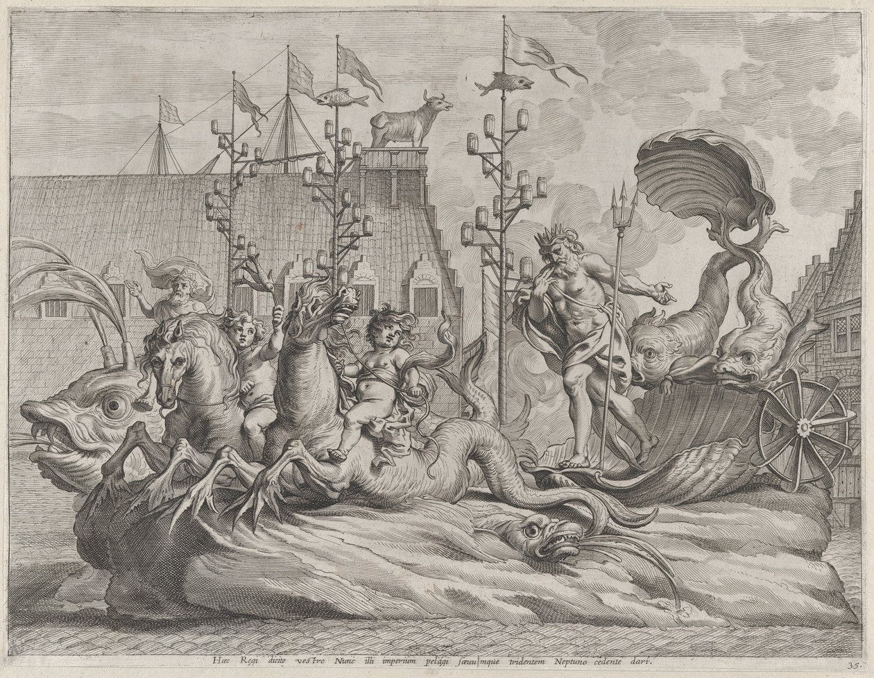 Ilustracja 35: Filip Hiszpański jako Neptun, jadący rydwanem zaprzężonym w dwa konie morskie, z Gu..., 1636. autorstwa Pieter de Jode II