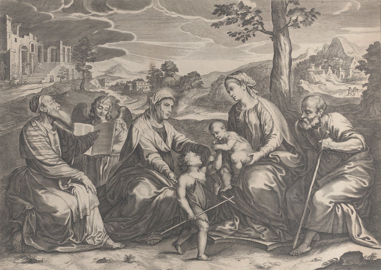 Święta Rodzina po prawej, z Dzieciątkiem Św. Jan Chrzciciel, Elżbieta, Zachariasz,..., 1631-37. autorstwa Pieter de Jode II