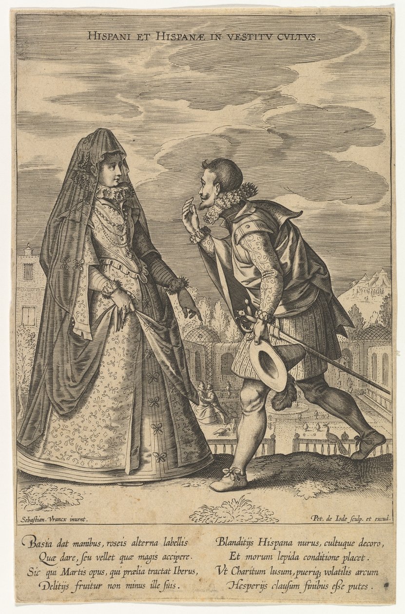 Hiszpanie i Hiszpanie w ubiorze, z Fashions of Different Nations.n.d. autorstwa Pieter de Jode I