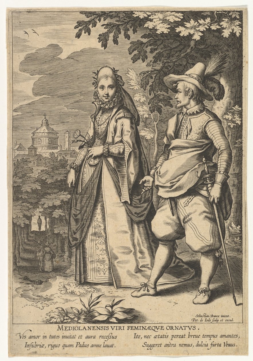 Mediolan dla mężczyzn i kobiet z kolekcji Fashions of Different Nations.n.d. autorstwa Pieter de Jode I