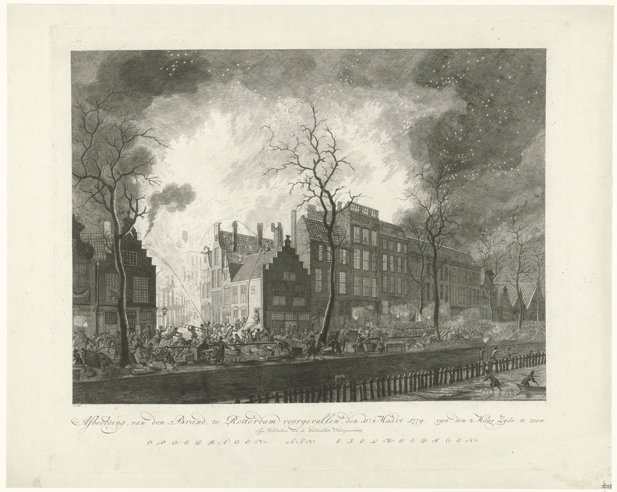 Pożar w Alei Garncarskiej w Rotterdamie, 1779 Image, van den Brand, pojawił się w Rotterdamie, jedenastego. Marzec 1779. Van den Maas Silk na wystawie (tytuł na obiekcie) autorstwa Pieter de Mare