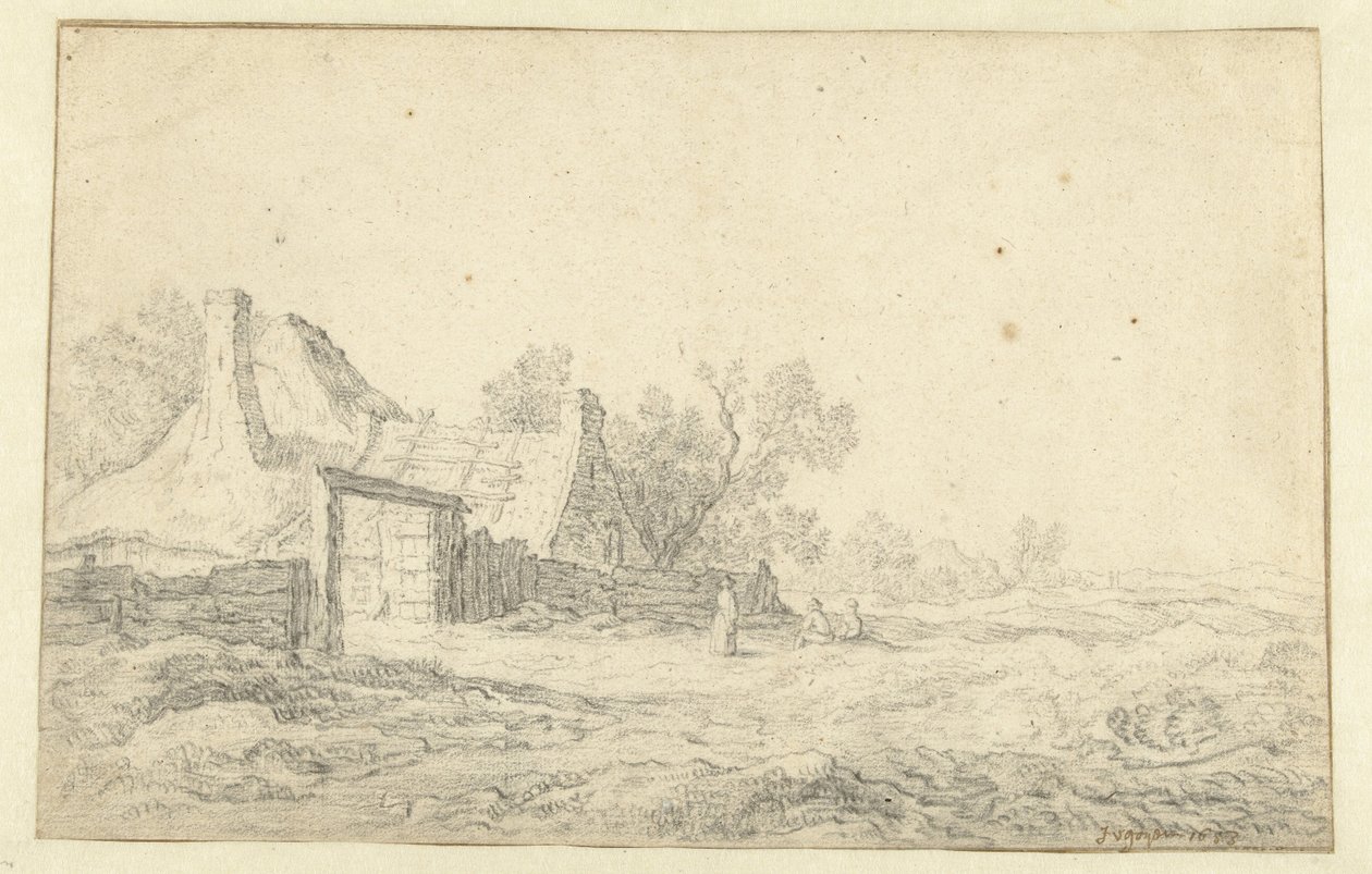 Krajobraz wydmowy z trzema postaciami przed farmą autorstwa Pieter de Neyn