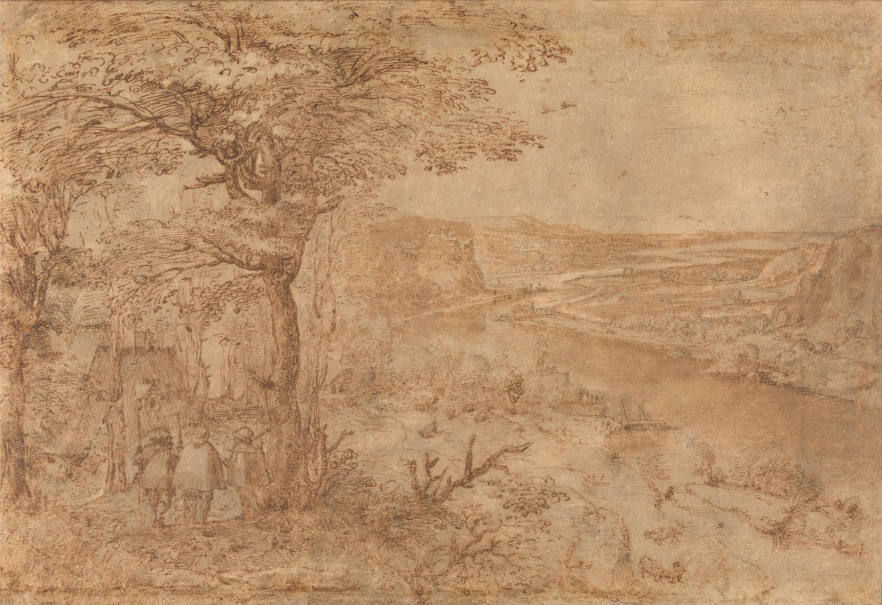 Krajobraz z pielgrzymami (długopis i brązowy tusz na papierze) autorstwa Pieter Bruegel the Elder