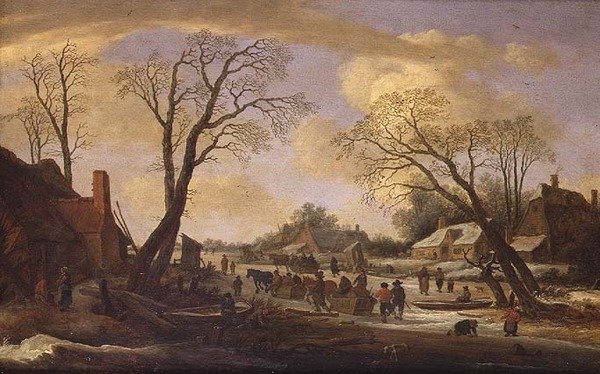 Zimowy krajobraz rzeczny z chłopami i saniami ciągniętymi przez konie autorstwa Pieter the Elder Molyn