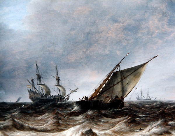 Smalschip i Man-of-War w wzburzonych morzach (olej na panelu) autorstwa Pieter the Elder Mulier