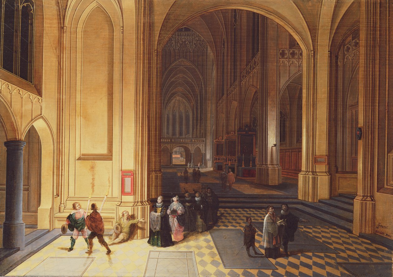 Wnętrze katedry z żebrakiem i innymi postaciami autorstwa Pieter the Elder Neeffs