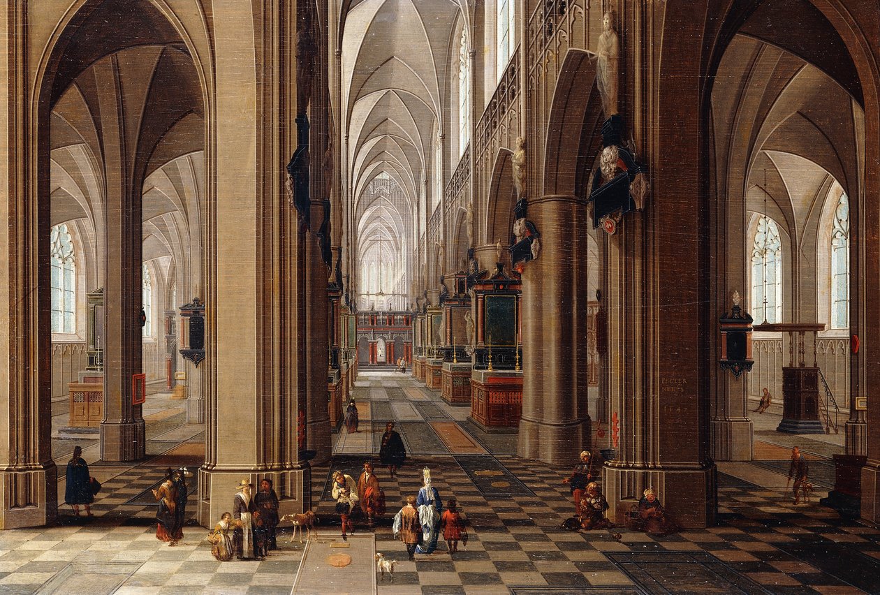 Wnętrze gotyckiej katedry z mieszczanami i świnkami, 1647 autorstwa Pieter the Elder Neeffs