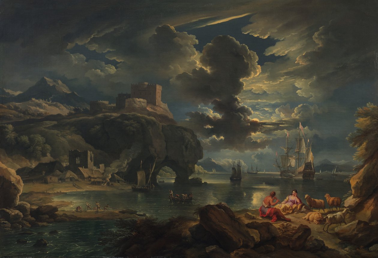 Śródziemnomorski księżycowy krajobraz wybrzeża, ok. 1700-01 (olej na płótnie) autorstwa Pieter the Younger Mulier